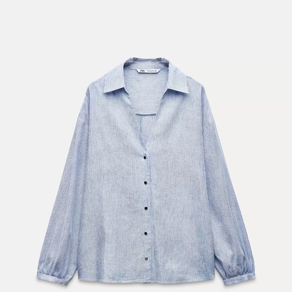 Zara Tops - Zara Linen Blend Blue Striped Button-Up Shirt NWT